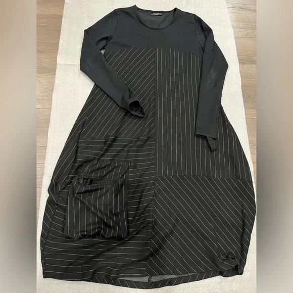 [3/40/US:L]NOR Denmark Black Long Sleeve Asymmetrical Striped Baggy Dress Funky - Picture 2 of 11